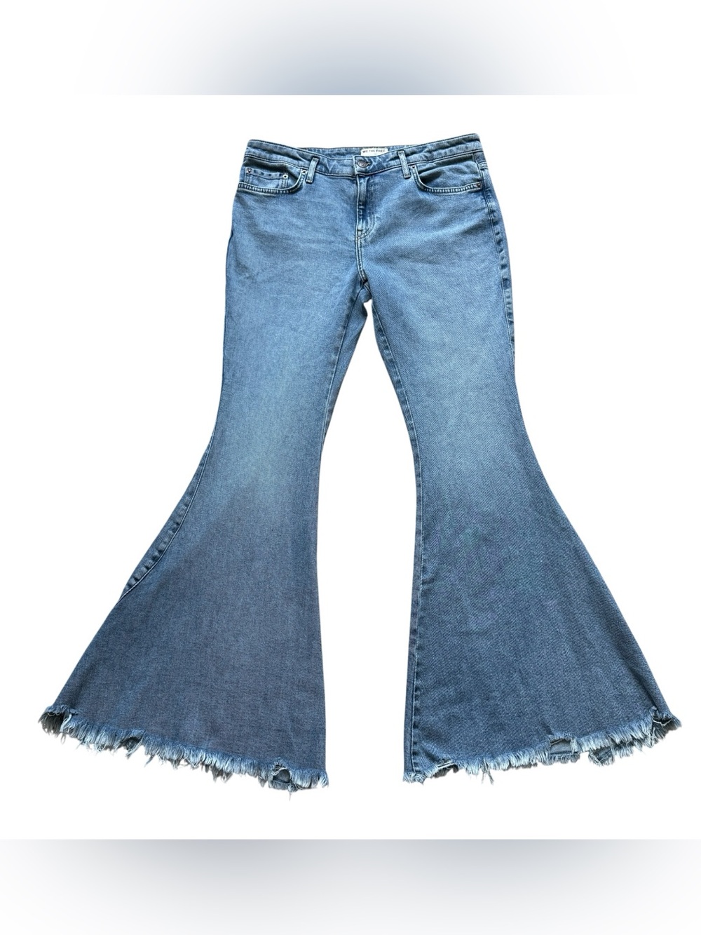 Free People We The Free Bell Bottom Jeans 32 Raw Hem Stretch Denim Boho Chic